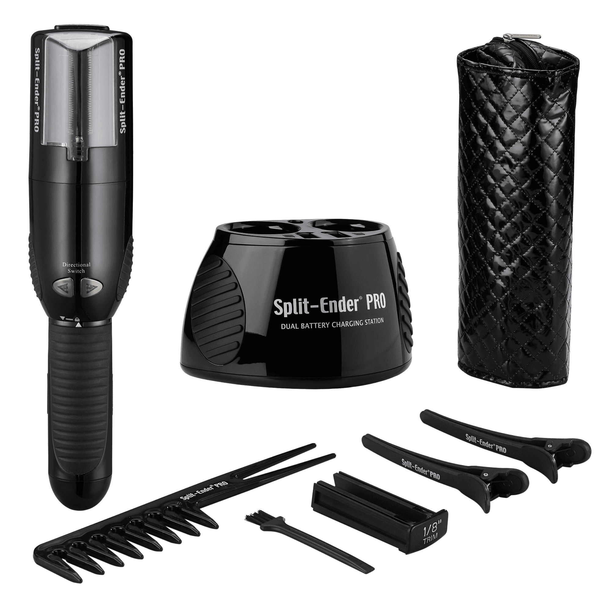 Black Split Ender PRO with the dual-battery charging station, quilted storage case, styling comb, cleaning brush, trim spacers, and two sectioning clips